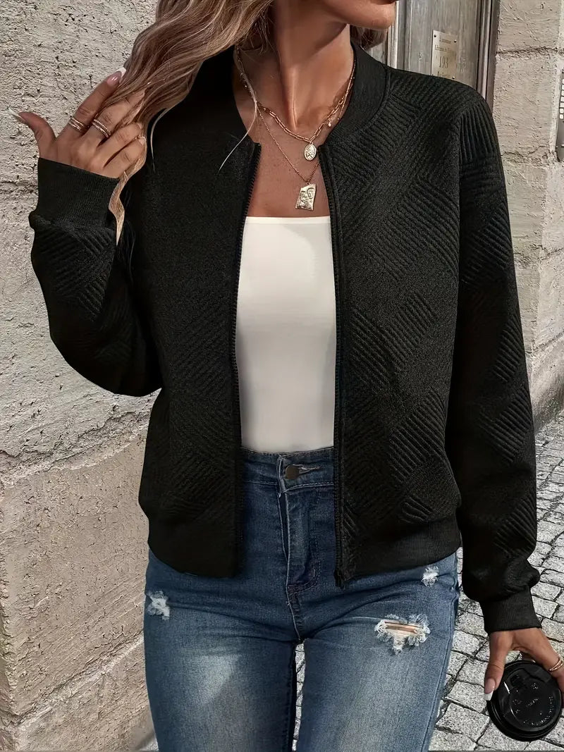 Women's Textured Zip-Up Cardigan with Ribbed Hem & Long Sleeves - Cozy, Stylish Outerwear for Fall & Winter