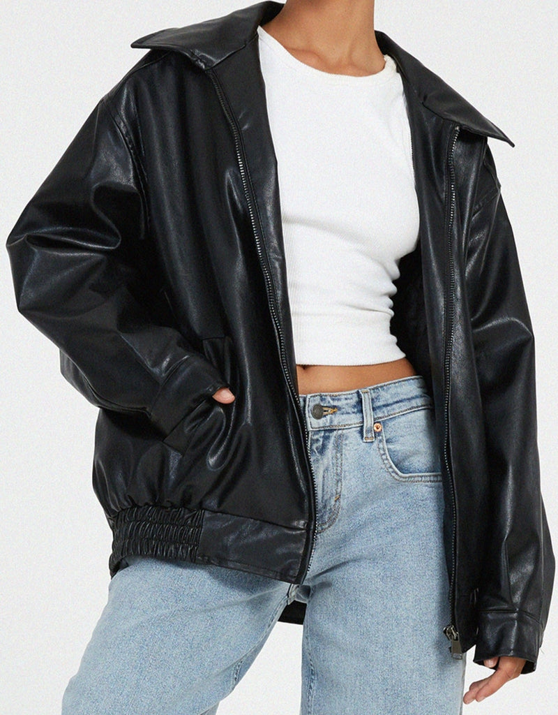 Women's Relaxed Fit Zip-Up Leather Jacket with High Collar - Stylish & Comfortable Outerwear
