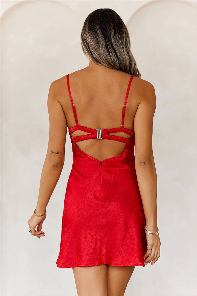 Golden Reflections Red Satin Mini Dress - Elegant Evening Wear for Women