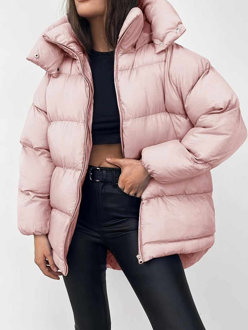 Women's Quilted Short Hooded Puffer Jacket with High Collar - Stylish & Warm Winter Outerwear