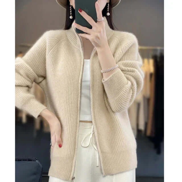 Women's High Collar Full-Zip Knit Cardigan - Long Sleeve Cozy Sweater for Stylish Comfort