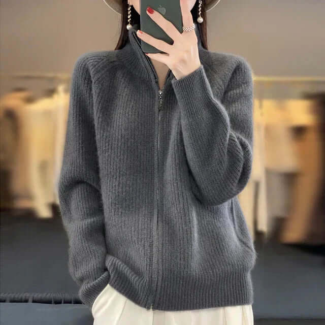 Women's High Collar Full-Zip Knit Cardigan - Long Sleeve Cozy Sweater for Stylish Comfort