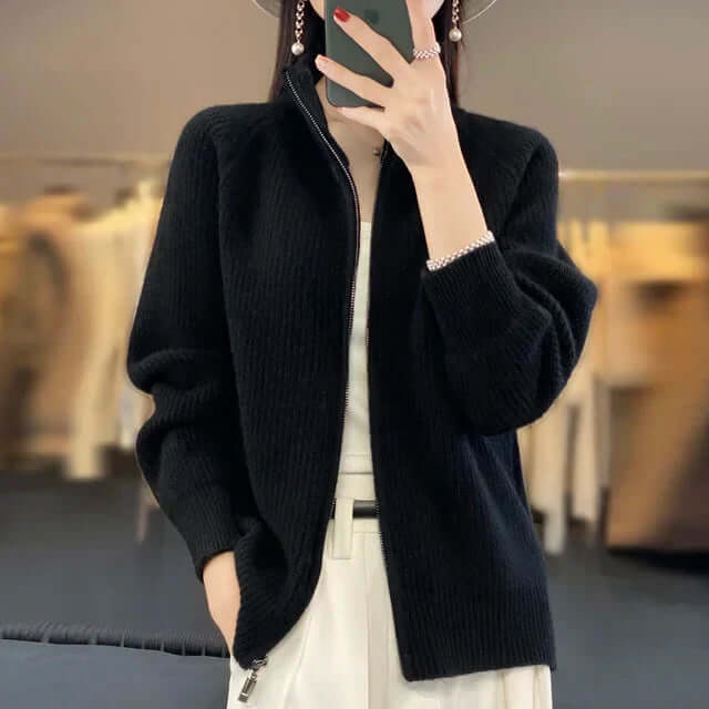 Women's High Collar Full-Zip Knit Cardigan - Long Sleeve Cozy Sweater for Stylish Comfort