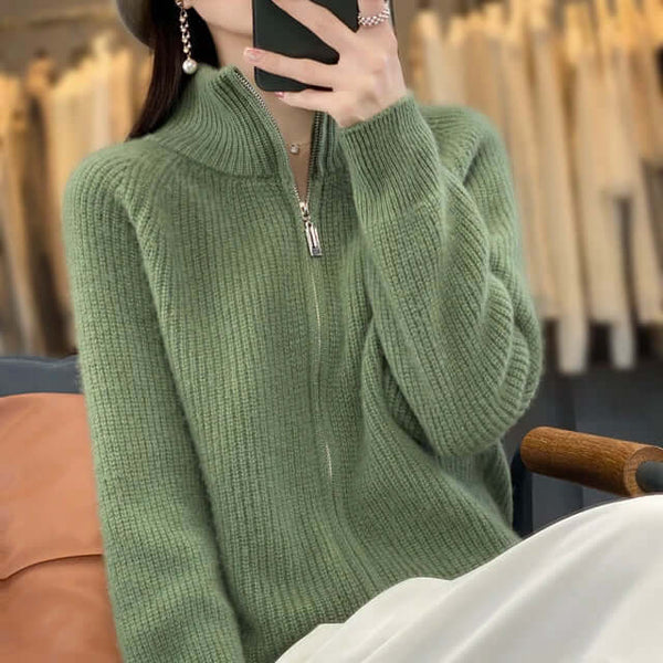 Women's High Collar Full-Zip Knit Cardigan - Long Sleeve Cozy Sweater for Stylish Comfort