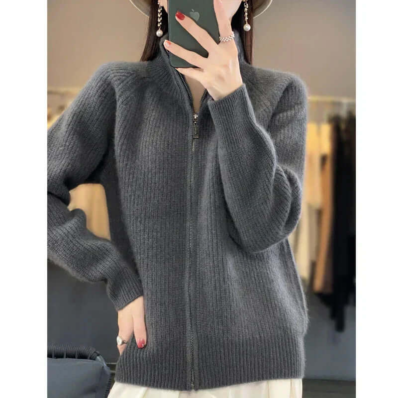 Women's High Collar Full-Zip Knit Cardigan - Long Sleeve Cozy Sweater for Stylish Comfort