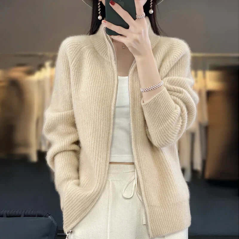 Women's High Collar Full-Zip Knit Cardigan - Long Sleeve Cozy Sweater for Stylish Comfort