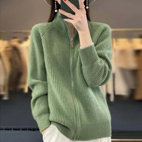 Women's High Collar Full-Zip Knit Cardigan - Long Sleeve Cozy Sweater for Stylish Comfort