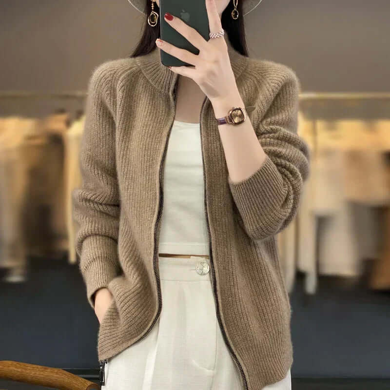 Women's High Collar Full-Zip Knit Cardigan - Long Sleeve Cozy Sweater for Stylish Comfort