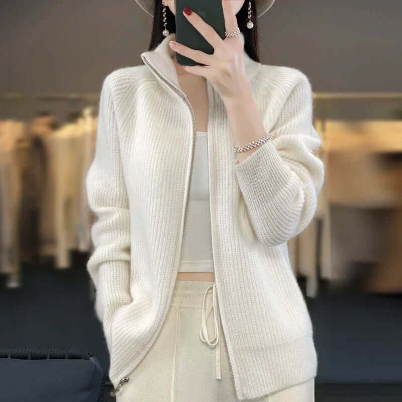 Women's High Collar Full-Zip Knit Cardigan - Long Sleeve Cozy Sweater for Stylish Comfort