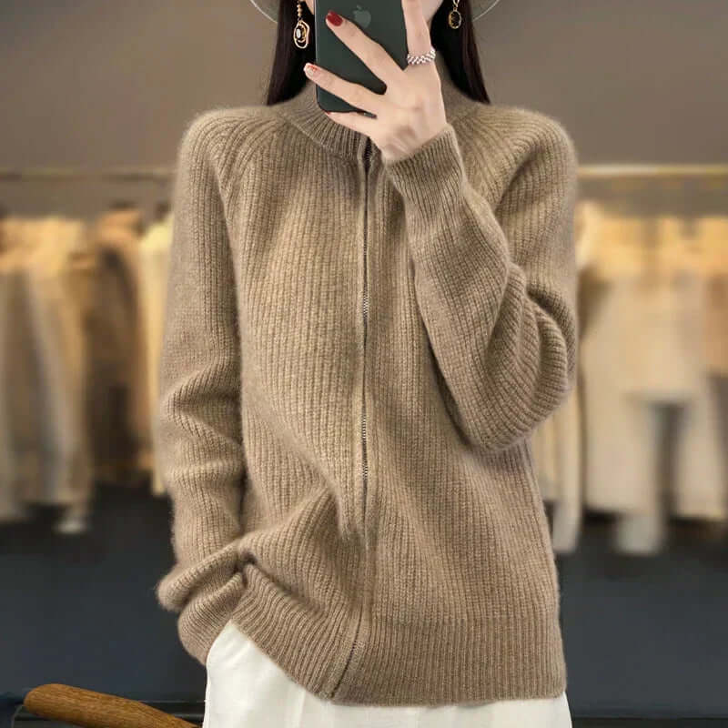Women's High Collar Full-Zip Knit Cardigan - Long Sleeve Cozy Sweater for Stylish Comfort