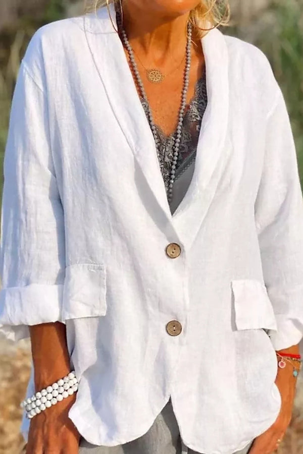 Women's Relaxed Fit Linen Jacket - V-Neck, 3/4 Sleeve, Button Front, Hip Length - Lightweight Summer Outerwear