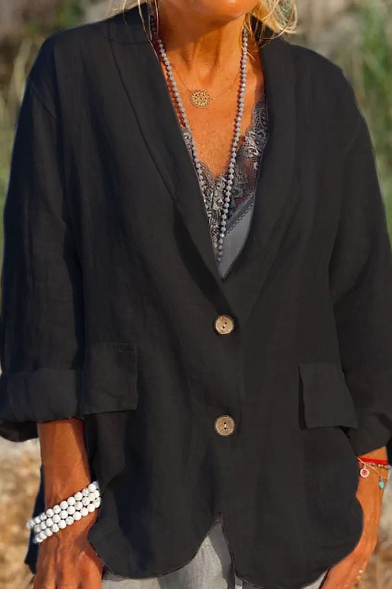Women's Relaxed Fit Linen Jacket - V-Neck, 3/4 Sleeve, Button Front, Hip Length - Lightweight Summer Outerwear
