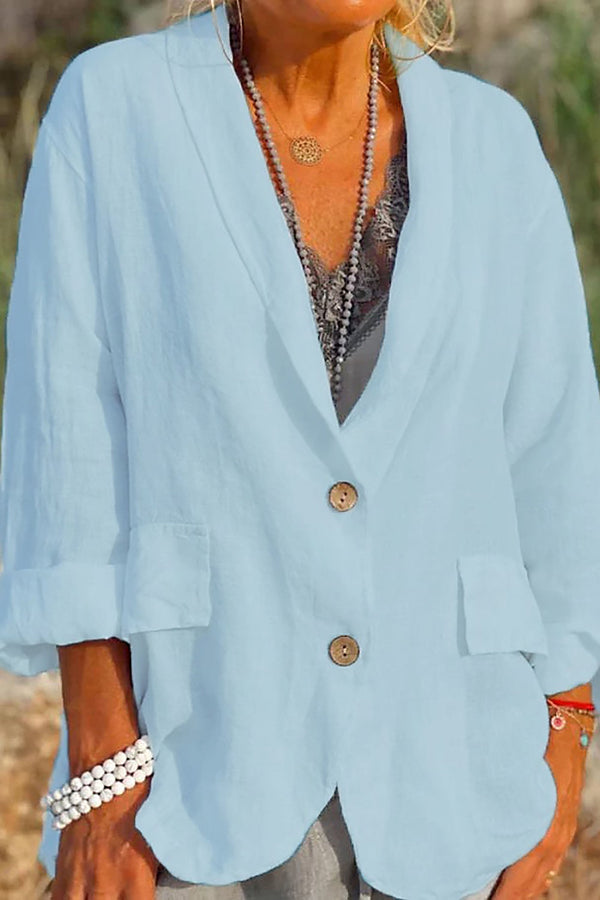 Women's Relaxed Fit Linen Jacket - V-Neck, 3/4 Sleeve, Button Front, Hip Length - Lightweight Summer Outerwear