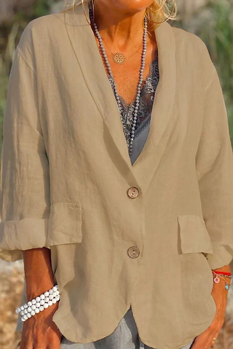 Women's Relaxed Fit Linen Jacket - V-Neck, 3/4 Sleeve, Button Front, Hip Length - Lightweight Summer Outerwear
