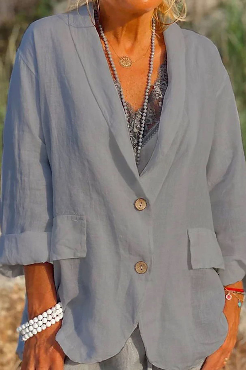 Women's Relaxed Fit Linen Jacket - V-Neck, 3/4 Sleeve, Button Front, Hip Length - Lightweight Summer Outerwear