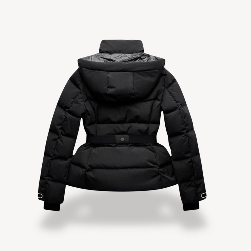 Women's Black Waterproof Belted Puffer Jacket with High Collar - Stylish & Warm Winter Outerwear