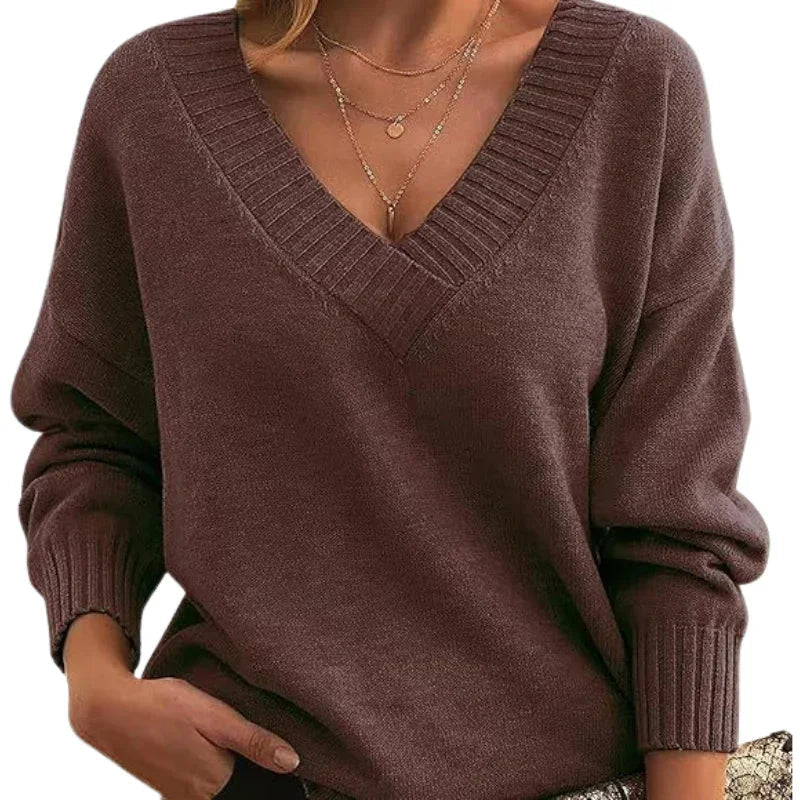 Women's Relaxed Fit V-Neck Textured Knit Jumper - Regular Length Cozy Sweater for Everyday Wear