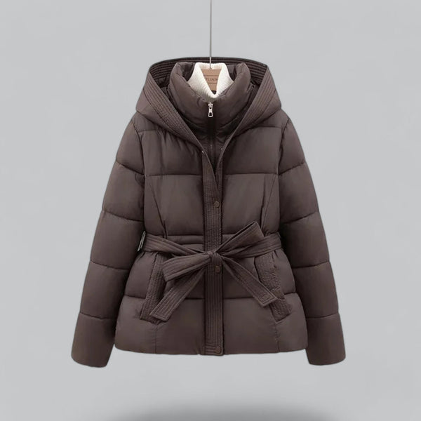 Women's Quilted Hooded Puffer Jacket with Belted Waist - Warm Insulated Winter Coat