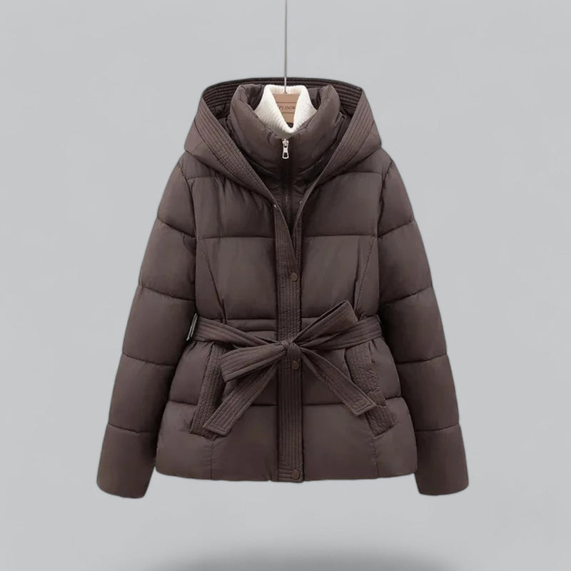 Women's Quilted Hooded Puffer Jacket with Belted Waist - Warm Insulated Winter Coat