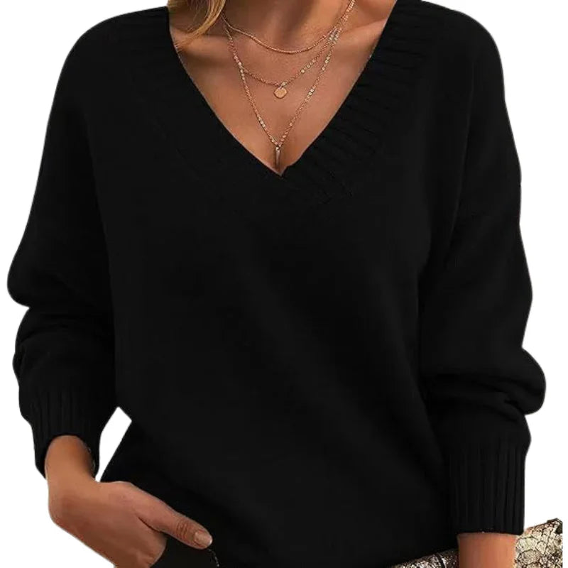 Women's Relaxed Fit V-Neck Textured Knit Jumper - Regular Length Cozy Sweater for Everyday Wear