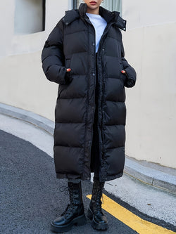Women's Long Black Puffer Jacket with Hood - Stylish Full-Length Quilted Design for Ultimate Warmth