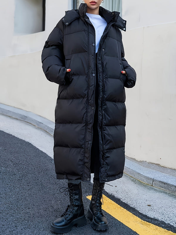 Women's Long Black Puffer Jacket with Hood - Stylish Full-Length Quilted Design for Ultimate Warmth