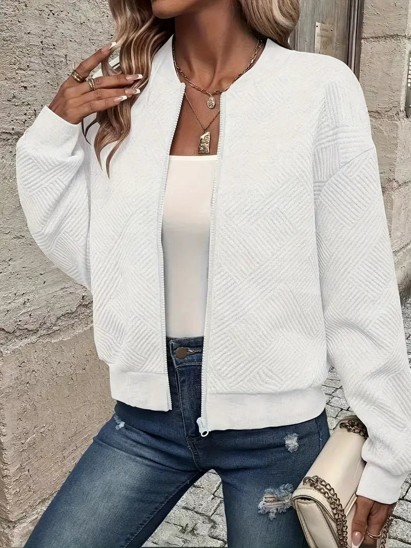 Women's Textured Zip-Up Cardigan with Ribbed Hem & Long Sleeves - Cozy, Stylish Outerwear for Fall & Winter