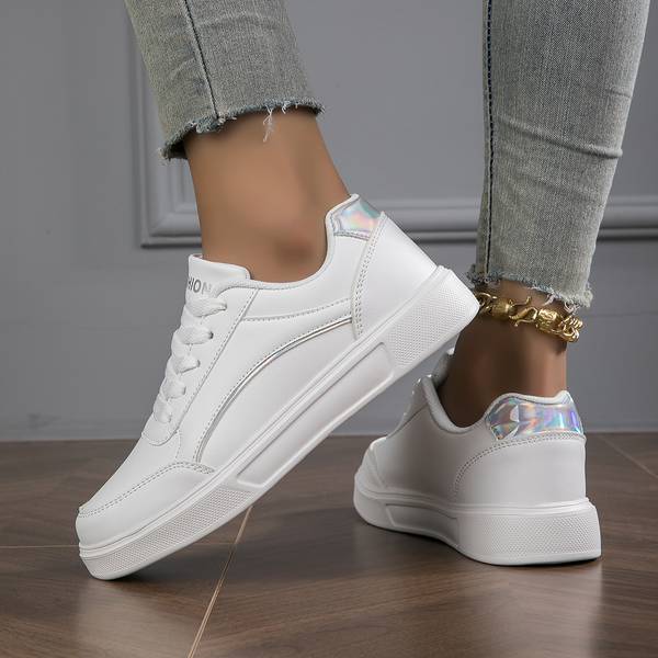 Women's White Orthopedic PU Leather Sneakers with Stylish Gold and Silver Accents - Comfortable & Supportive Footwear