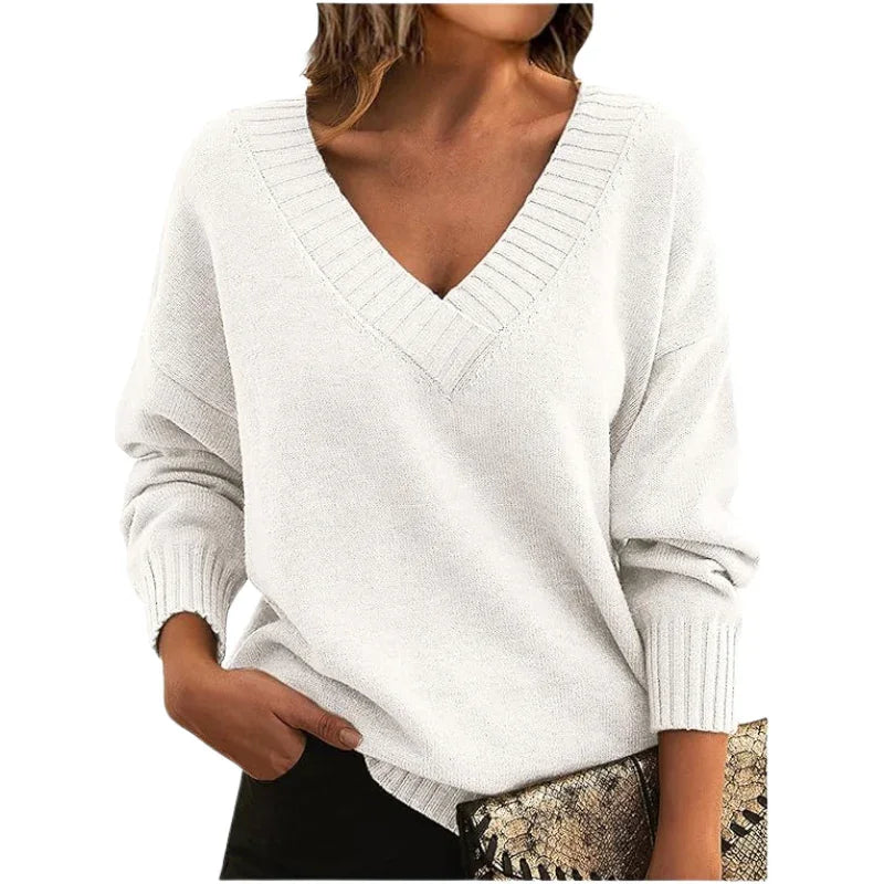 Women's Relaxed Fit V-Neck Textured Knit Jumper - Regular Length Cozy Sweater for Everyday Wear