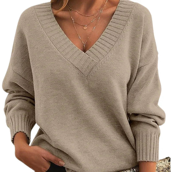 Women's Relaxed Fit V-Neck Textured Knit Jumper - Regular Length Cozy Sweater for Everyday Wear
