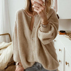 Women's Oversized Knit Cardigan with Drop Shoulders - Cozy Button-Up Sweater for Casual Style