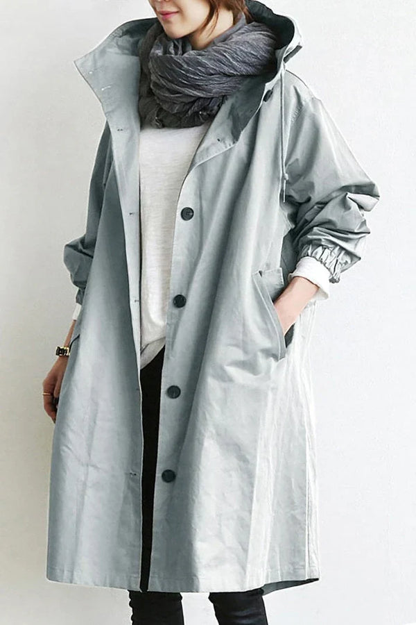 Women's Oversized Hooded Trench Coat with Pockets - Stylish Button-Up Outerwear