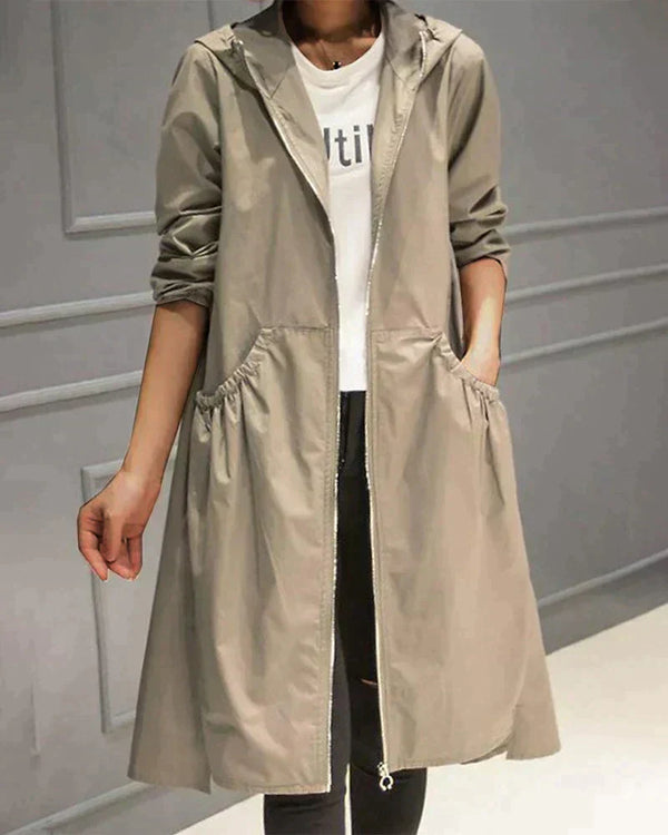 Women's Waterproof Lightweight Hooded Jacket - Relaxed Fit, Knee-Length, Zip Closure - Perfect for Outdoor Activities