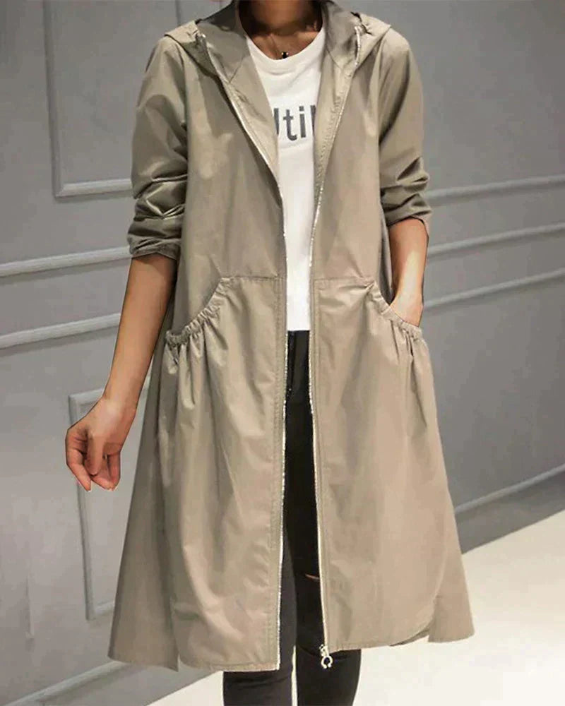 Women's Waterproof Lightweight Hooded Jacket - Relaxed Fit, Knee-Length, Zip Closure - Perfect for Outdoor Activities
