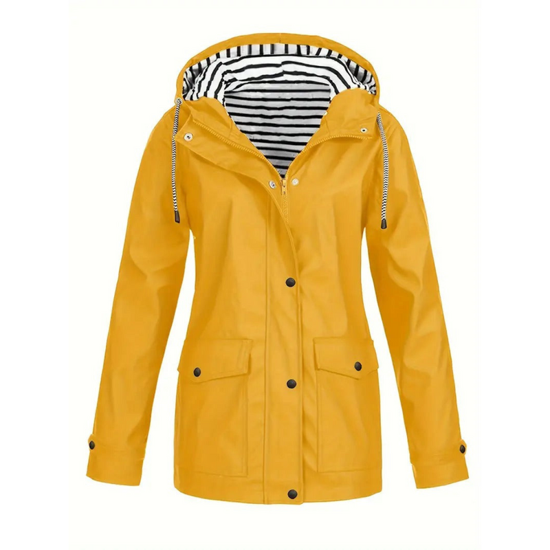 Women's Mid-Length Raincoat - Relaxed Fit with Adjustable Hood - Stylish & Functional Outdoor Jacket for All Weather