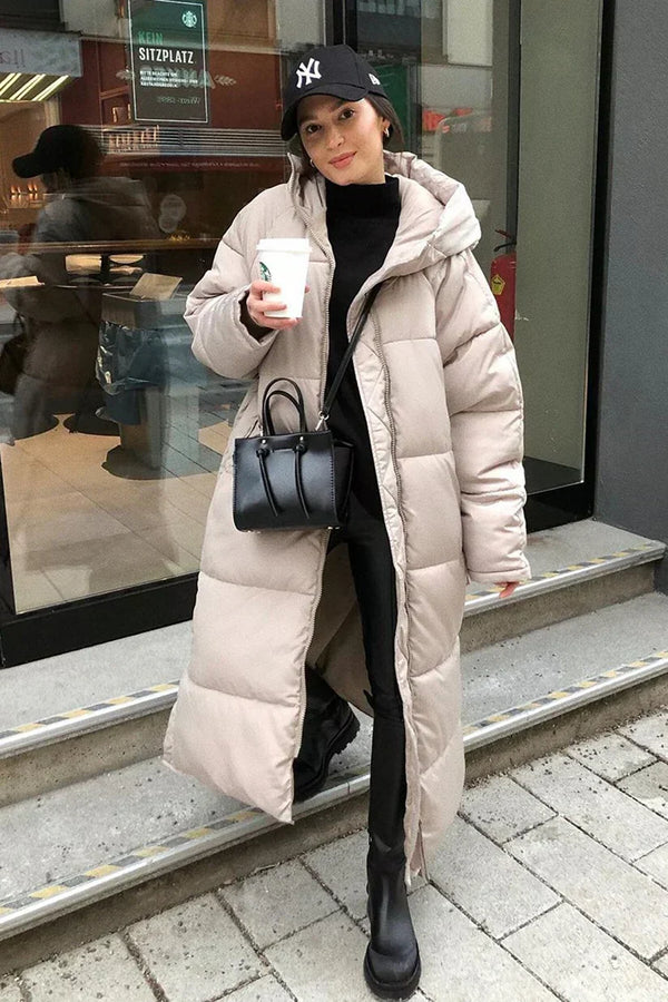 Women's High Neck Hooded Long Quilted Puffer Coat - Stylish & Warm Winter Jacket