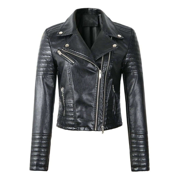 Women's Classic Black Leather Biker Jacket - Stylish & Durable Motorcycle Outerwear