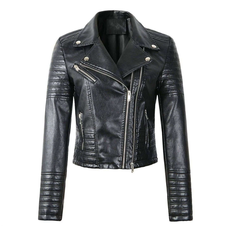 Women's Classic Black Leather Biker Jacket - Stylish & Durable Motorcycle Outerwear