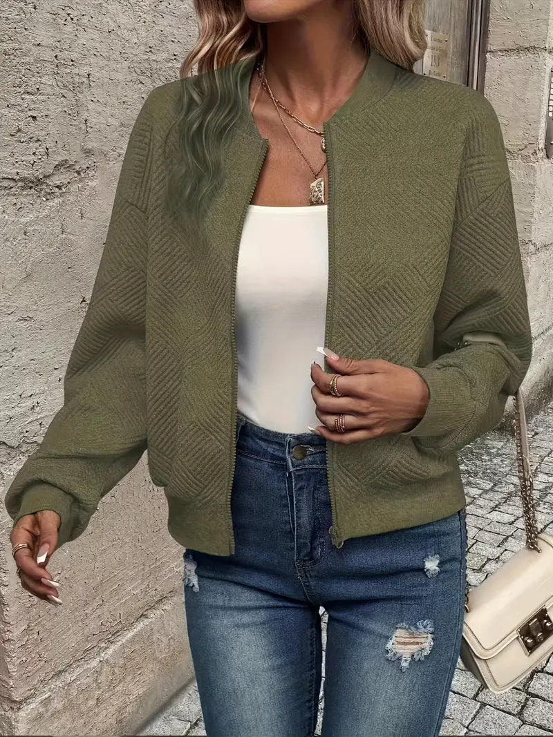 Women's Textured Zip-Up Cardigan with Ribbed Hem & Long Sleeves - Cozy, Stylish Outerwear for Fall & Winter
