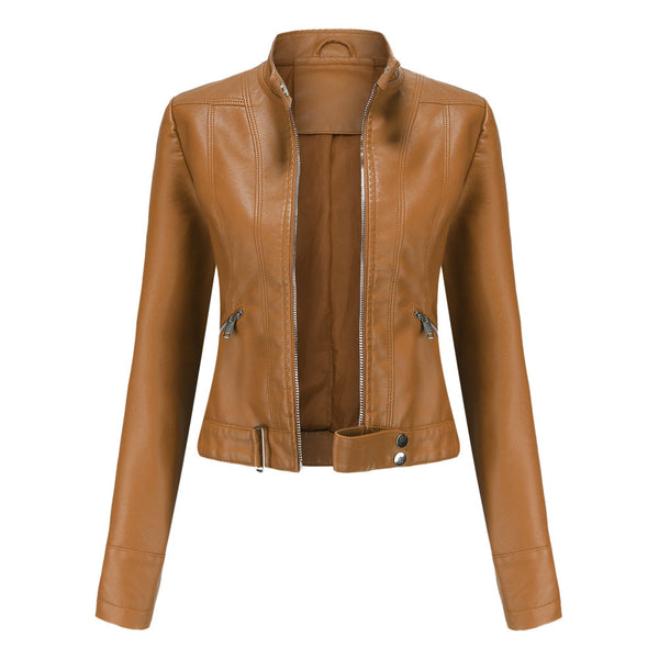 Stylish Women's Leather Jacket with Zip Closure, High Collar, and Adjustable Belt - Perfect for Any Season