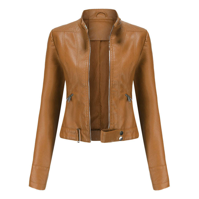 Stylish Women's Leather Jacket with Zip Closure, High Collar, and Adjustable Belt - Perfect for Any Season