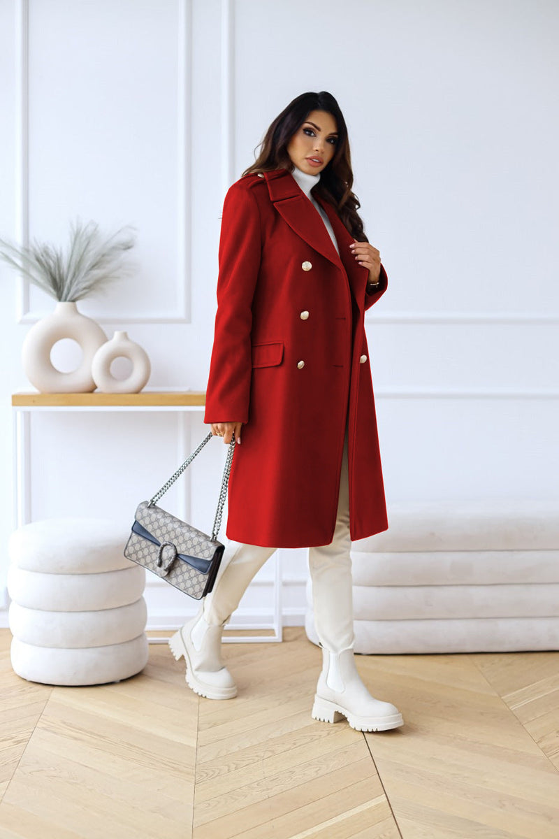 Chic Women's Double-Breasted Long Coat with Elegant Gold Button Accents - Stylish Outerwear for Every Occasion