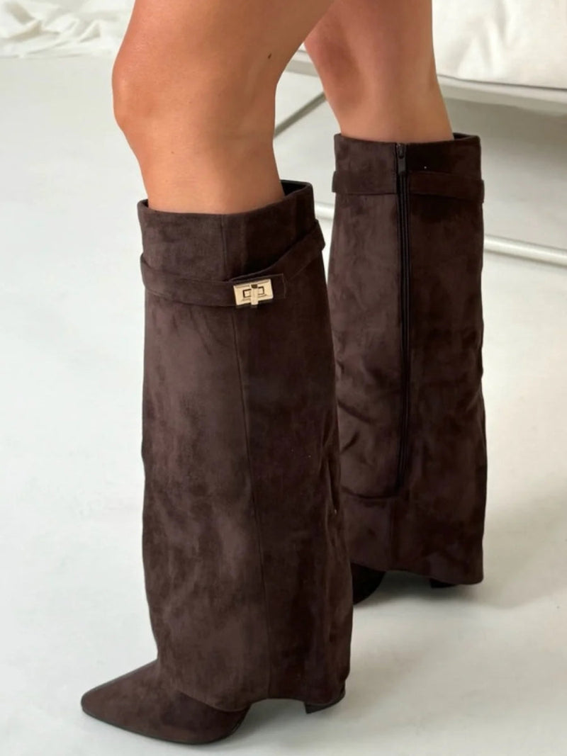 Stylish Women's Knee High Boots - Wide Flare Top & Comfortable Block Heel