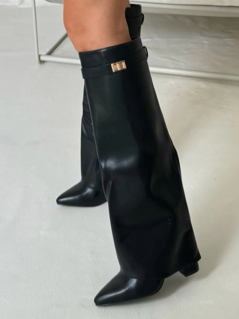 Stylish Women's Knee High Boots - Wide Flare Top & Comfortable Block Heel