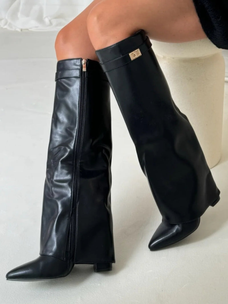 Stylish Women's Knee High Boots - Wide Flare Top & Comfortable Block Heel
