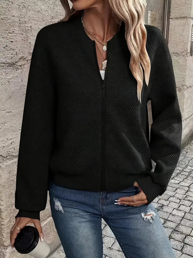 Women's Textured Zip-Up Cardigan with Ribbed Hem & Long Sleeves - Cozy, Stylish Outerwear for Fall & Winter
