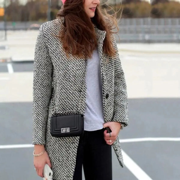 Women's Tailored Houndstooth Winter Coat - Stylish Button Closure, Warm & Chic Outerwear