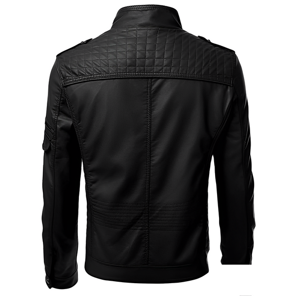 Men's Slim Fit Leather Jacket with Zip Pockets & Stand Collar - Stylish & Durable Outerwear