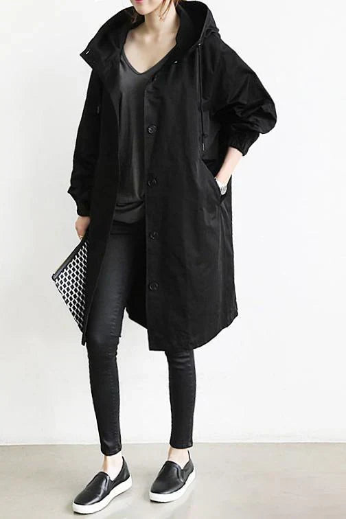 Women's Oversized Hooded Trench Coat with Pockets - Stylish Button-Up Outerwear