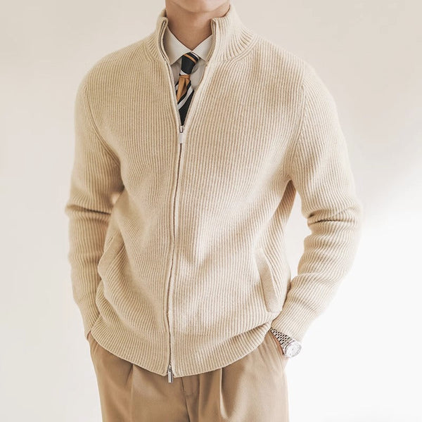 Men's Slim Fit Ribbed Zip Cardigan with Stand Collar - Stylish & Comfortable Knitwear for Casual & Smart Outfits
